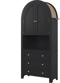 Armário alto com arco de arrumação com 3 gavetas, portas e prateleira expositora aberta, para cozinha e sala de estar, 70x35x180 cm, Preto