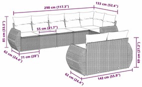 8 pcs conj. sofás jardim c/ almofadões vime PE cinzento-claro