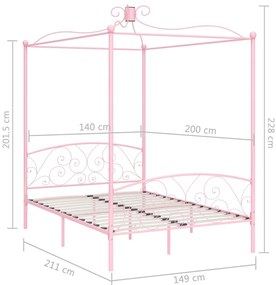 Estrutura de cama com dossel 140x200 cm metal cor-de-rosa