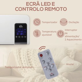 Aquecedor Elétrico de Parede 1000W/2000W Aquecedor com Ecrã LED Controlo Remoto Termostato Temporizador para Áreas de 15-20 m² 54,5x12x21,5 cm Branco