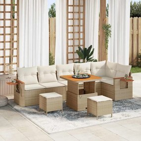 Conjunto de Sofás de Jardim vidaXL com Almofadas Bege Rattan Poliéster Acácia - 9 Peças