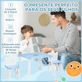 ZONEKIZ Conjunto de Mesa e 2 Cadeiras Infantil Mesa Infantil Móveis de Madeira Crianças para Sala de Estar Brinquedoteca Dormitório 68x68x47cm e 30x30x51,5cm Azul