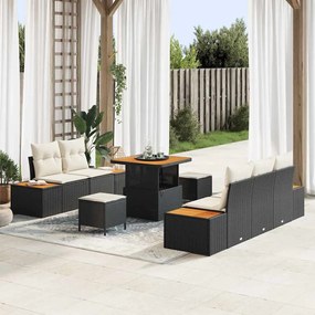 Conjunto de Sofá de Jardim vidaXL 8 Peças com Almofadas Preto Rattan Poliéster Acácia