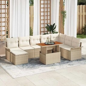 vidaXL Conjunto de Jantar de Jardim de 9 Peças com Almofadas Bege Vime Polimérico Acácia