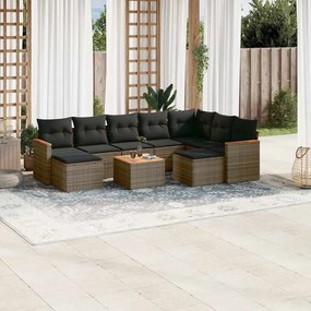 10 pcs conjunto sofás de jardim c/ almofadões vime PE cinzento