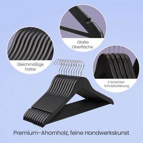 Conjunto de 10 cabides em madeira maciça 44,5 x 23 cm preto + prateado