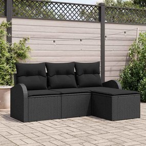 Conjunto de Sofá de Jardim vidaXL 4 Peças com Almofadas Preto Rattan Poliéster