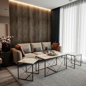 Conjunto de Mesas de Centro Defne – Mármore Branco e Preto – 100x52x50