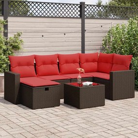 7 pcs conjunto de sofás jardim c/ almofadões vime PE castanho