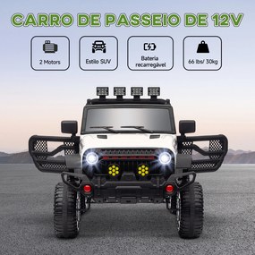 Carro Elétrico para Crianças com Bateria de 12V Controlo Remoto Bluetooth Faróis LED Buzina e Música 100x63x65 cm Branco