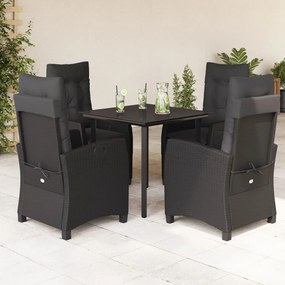 5 pcs conjunto de jantar p/ jardim c/ almofadões vime PE preto
