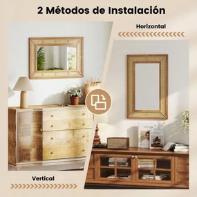 Espelho de parede decorativo de rattan Estilo boémio retangular com moldura de madeira Pendurado na vertical ou na horizontal  90 x 60 cm