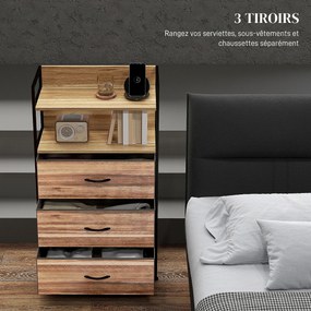 Móvel de arrumação de estilo industrial, com 3 gavetas tecido e 2 prateleiras - 60 x 29 x 101 cm - MDF e metal natural, preto