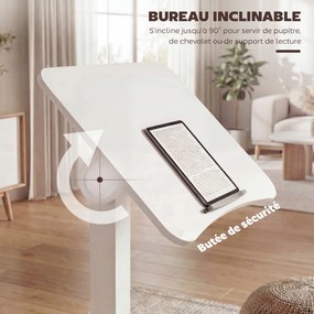 Secretária para trabalhar em pé com altura ajustável  60,5 x 52 x 75-114 cm, tampo inclinável, Rodas e estrutura em aço branco