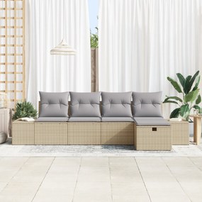Conjunto de Sofá de Jardim 5 Peças com Almofadas Bege de Rattan Poliet