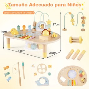 Mesa de atividades 7 em 1 para crianças 44 x 31 x 27 cm Montessori sensorial de madeira com labirinto de contas e xilofone para 12+ meses Natural