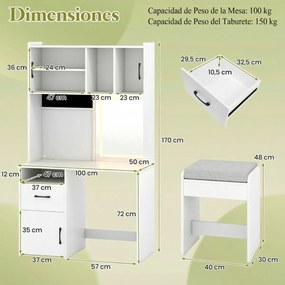 Toucador com Espelho e Iluminação com Tomadas 3 Modos de Iluminação Brilho Ajustável Branco
