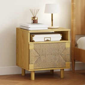 Mesa de Cabeceira Estilo Bohémio com Porta de Corda de Papel Prateleira Aberta e Abertura por Pressão 45x39x50 cm Cor Carvalho