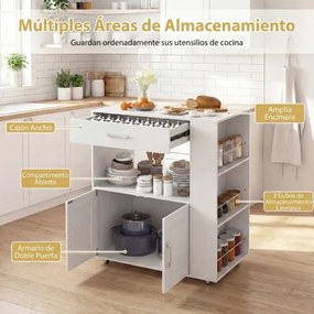 Carrinho de cozinha 75 x 46 x 90,5 cm com rodas bloqueáveis, cubo aberto dupla face, prateleiras laterais, gaveta, toalheiro branco