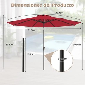 Guarda-sol 303 cm com mecanismo de inclinação de 25° e manivela, 8 varetas reforçadas para terraço, sem base, vermelho cor vinho