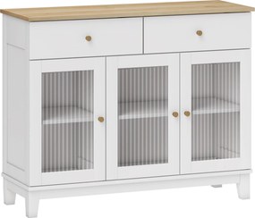 Aparador Branco 3 Portas de Vidro Aparador Sala de Estar Moderno com 2 Gavetas e Prateleiras Ajustáveis 100x35x80,3 cm
