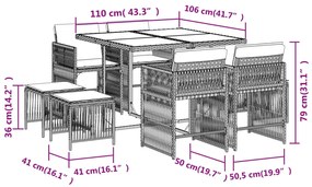 9 pcs conjunto de jantar p/ jardim com almofadões vime PE bege
