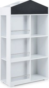 Estante infantil em forma de casa 64 x 30 x 116,5 cm, estante para crianças com compartimentos, quadro de giz e kit anti-tombamento, armário organizad