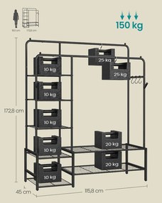 Guarda roupa 45 x 115,8 x 172,8 cm de metal com 7 prateleiras para quarto, preto