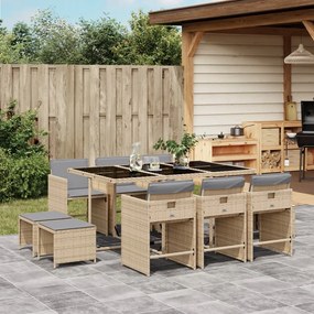 vidaXL 11pcs conj. jantar jardim c/ almofadões vime PE bege misturado
