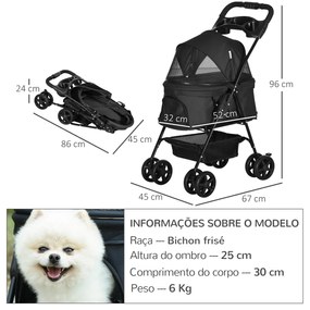 Carrinho para Cães Dobrável com Rodas Universáis Cesta de Armazenamento Correias de Segurança e Janelas 67x45x96 cm Preto