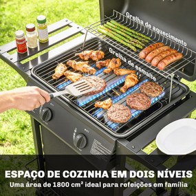 Grelhador a Gás BBQ com 2 Queimadores de 5 kW Termómetro Mesas Laterais Prateleira Grelha de Aquecimento 2 Rodas Preto