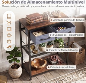 Mesa de Consola, 60 x 30 x 81 cm, 2 Gavetas e 2 Prateleiras, Preto+Cinza