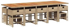 15 pcs conjunto de jantar p/ jardim com almofadões vime PE bege