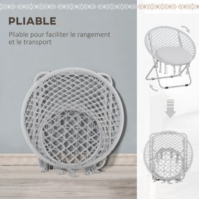 Poltrona redonda de jardim Loveuse, poltrona Papasan em forma de lua, dobrável, de grande conforto, em macramé de algodão e poliéster cinzento
