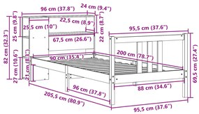 Cama com estante sem colchão 90x200 cm pinho maciço branco