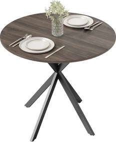 Mesa de jantar redonda para 2 pessoas (CADEIRAS NÃO INCLUIDAS) com tampo com aspeto de madeira e base cruzada em aço, castanha e preta