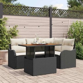 Conjunto de Sofá de Jardim vidaXL com Almofadas Preto Rattan Poliéster Acácia