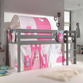 Conjunto Cama alta de Criança PINO 90 x 200 cm + estrado + escada + cortina + 3 Bolsas + Tunel Princesa Cinzenta