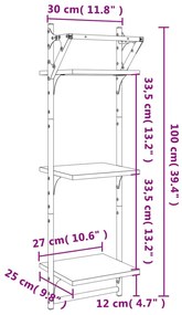Estante 3 prateleiras parede c/ barras 2 pcs 30x25x100 cm preto