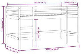 Cama alta p/ criança c/ escada 80x200 cm pinho maciço branco
