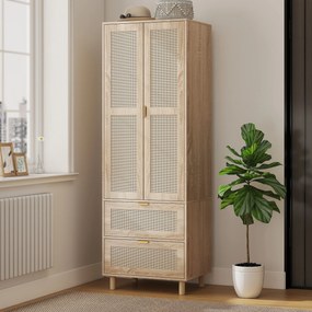 Guarda Roupa de Quarto com 2 Portas e 2 Gavetas, 63 x 47 x 185 cm, Design em Rotim, Madeira Natural