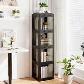 Estante com base giratória giratória 360° com 4 níveis em Plástico dobrável 36,5 x 36 x 141,5 cm com prateleiras Preta