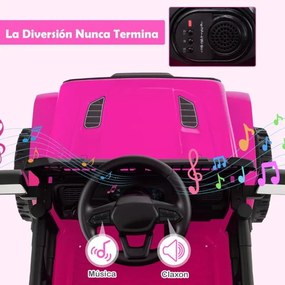 Carro elétrico para crianças 12V com comando à distância, volante, painel musical, buzina, faróis, espelhos rebatíveis e 4 rodas cor-de-rosa