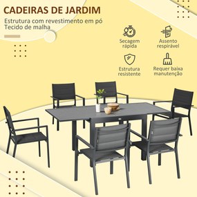 Conjunto de Móveis de Jardim 7 Peças Conjunto de Refeição de Exterior com Mesa Extensível e 6 Cadeiras Empilháveis com Estrutura de Alumínio e Assento