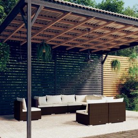 vidaXL 9 pcs conjunto lounge jardim c/ almofadões vime PE castanho