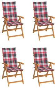 vidaXL Cadeiras jardim c/ almofadões xadrez vermelho 4 pcs teca maciça