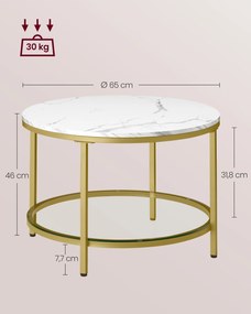 Mesa de centro de 2 níveis com tampo de vidro imitação mármore 65 x 46 cm (Ø x H) branco-Dourado claro