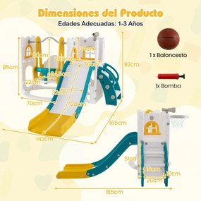 Conjunto de escorrega Crianças em forma de L 7 em 1 com baloiço, aro de basquetebol e telescópio Amarelo e Verde