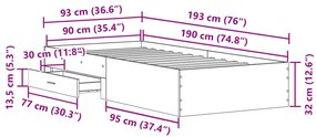 Cama vidaXL Preto Carvalho 90x190 cm Madeira de engenharia