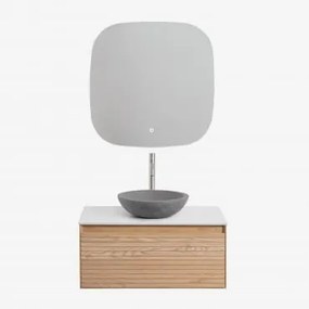 Conjunto De Móveis De Banheiro Em Madeira Tedrik Ash Castanho Fresno & Cimento Cinzento Redondo Ø40 Cm Tarsis & Quadrado Led - Sklum